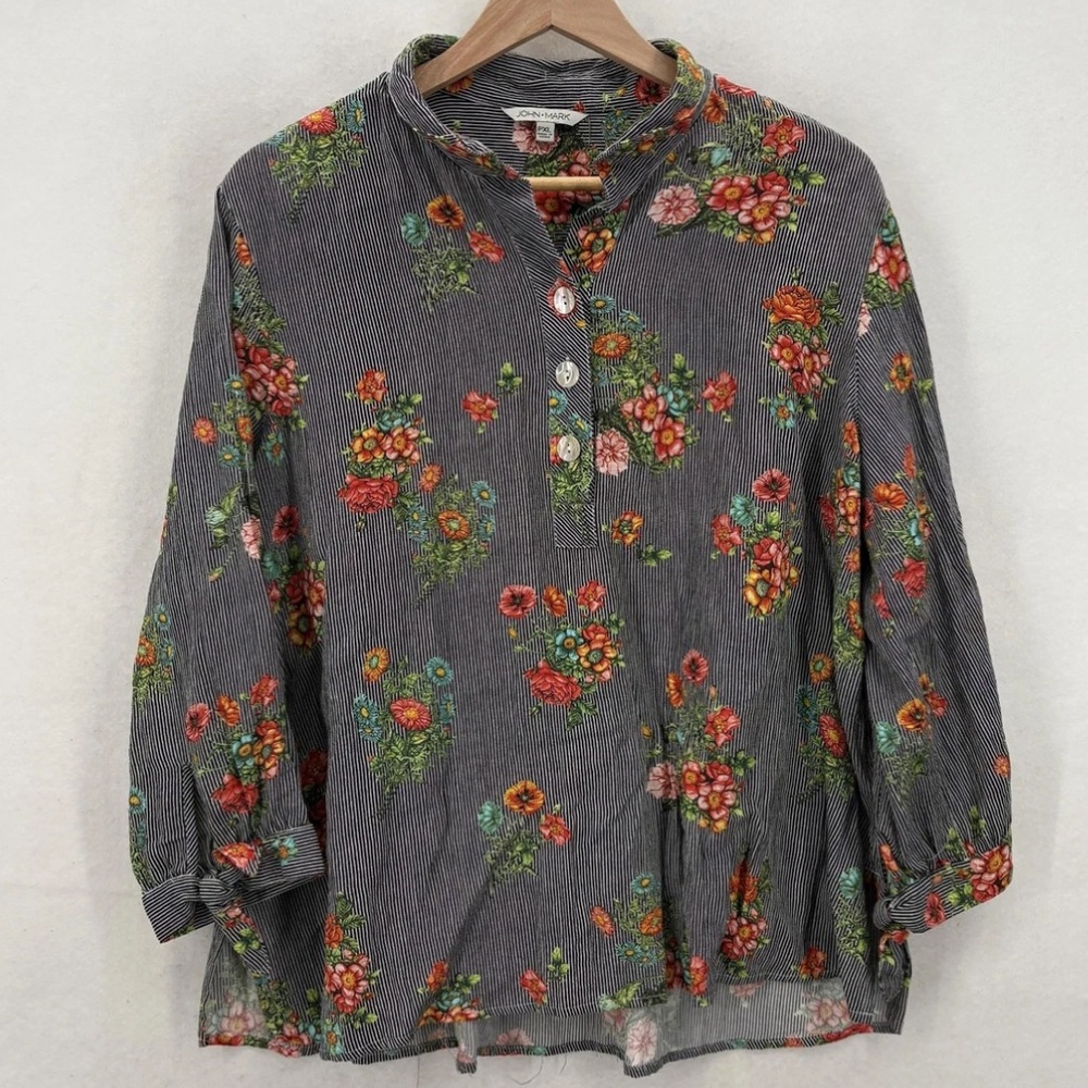 John Mark Black & White Striped Top with Multicolor Floral Print Size PS
